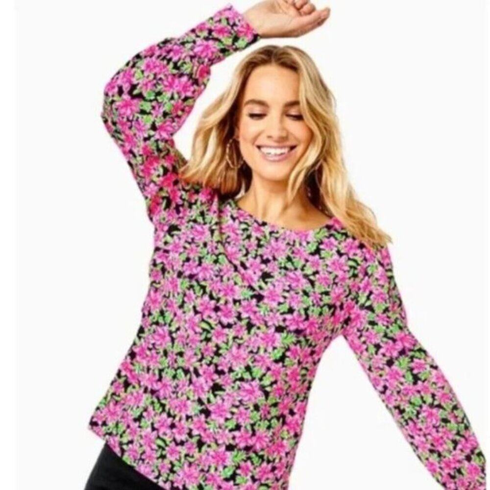 Lilly Pulitzer Lambert Blouse Top Onyx Floral Size Medium Pink Floral Zipper Cuf